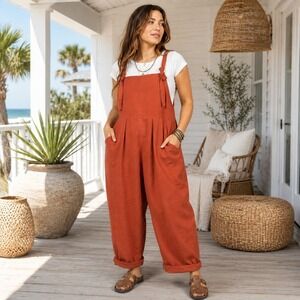 Copper Union Oversized Overalls 12/14 Pumpkin Linen Blend Lagenlook Boho Granola